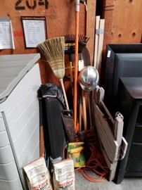 # 717 Miscellaneous Yard Tools, Trampoline, and more Hard hat, Charcoal, extension cord, dueling spray, saw, back, broom, rake, and other yard tools