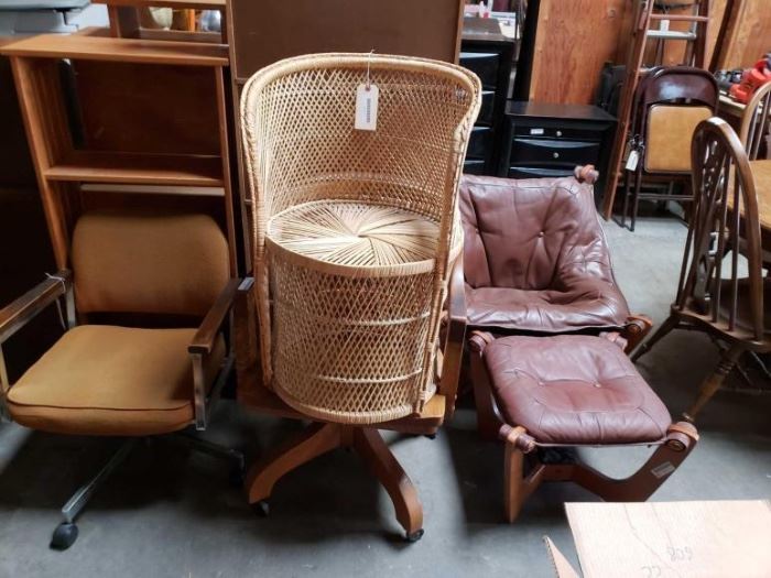 724 Misc Chairs 4 chairs 1 step stool, and cleeds to office chairs one wicker chair and 1 chair with footstool