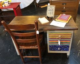 Handmade in 1940, Signed & Dated on Bottom, and it has recently been customized with brightly colored cloth on the drawer fronts and inside