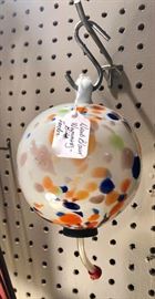 Hand Blown Round Hummingbird Glass Feeder