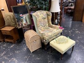 Yellow Upholstered Antique Chair and Ottoman