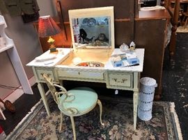 Vintage Hand Painted Vanity with fold-down Mirror and a wrought iron antique vanity chair