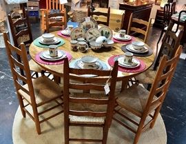 Vintage, Solid Oak, Large Round Table (all one solid piece of wood), with 8 Ladder Back Chairs 