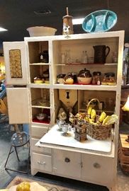 Antique, RARE, "HYGENA" Hoosier Cabinet with fold-down enamel-top front and this piece still has the Original Metal Grocery Reminder. Made in England. 