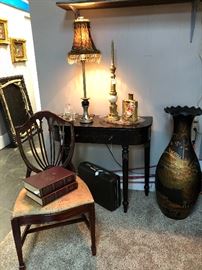 Antique Chair, Black Wooden Sofa Table, and a large scalloped top oriental vase with hand painted motif 