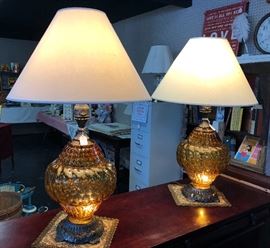 Mid Century Modern Amber Glass Globed Lamps with Metal Bases and these light up inside the bottom globes too! So neat! 