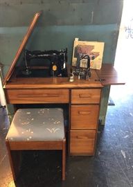 Mid Century Modern Cabinet and Matching Stool, with Antique Singer Sewing Machine 