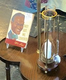 Unusual Wooden & Brass Hurricane Lamp and a First Edition copy of "They Got Me Covered," by Bob Hope