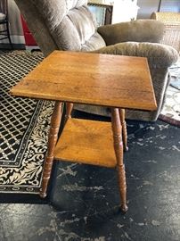 Antique Oak Side Table with Bottom Shelf 
