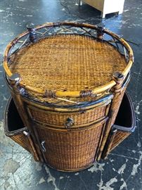 Round Rattan Table with one drawer and bottom storage area, with two side pockets for magazines
