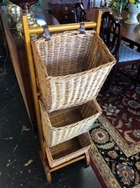3-Tier Wicker Storage Basket Unit on Wooden Frame