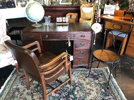 Beautiful Antique Mahogany Desk with leather inlays on top and Leather Antique Office Chair