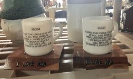 Antique "I LOVE MOM" and "I LOVE DAD" Mugs on Original Wooden Bases