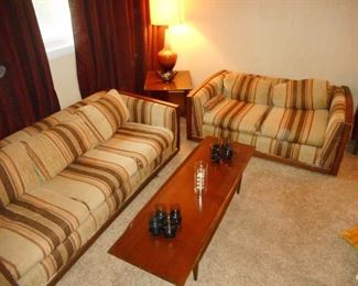 1970's Sleeper Sofa, Love Seat. Morganton Mid Century surf board table/shelf,