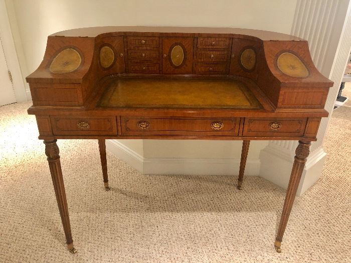 Fine Satinwood Adams Style Carlton House Desk by Maitland-Smith...tooled leather inset and decorative medallions. 
