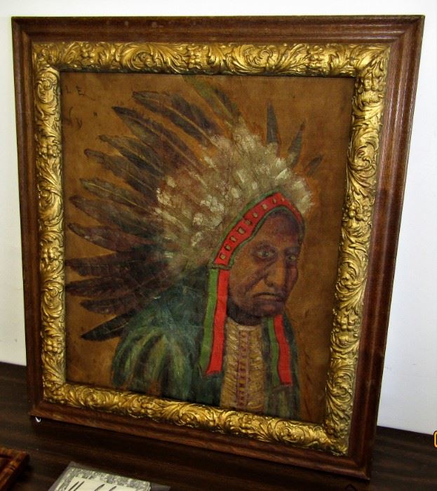 Early Indian chief painting on Buckskin