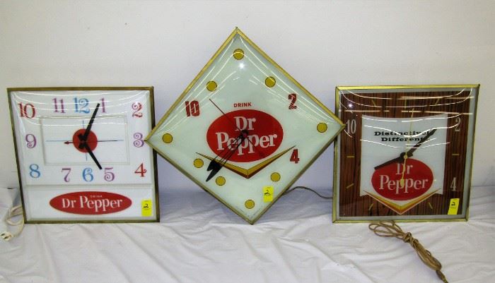 3 different all original dr. pepper lighted Pam clocks