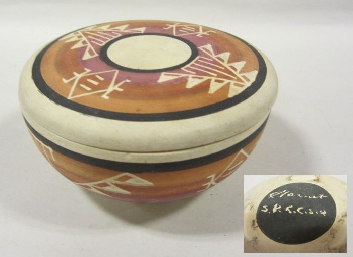 SIGNED NATIVE COVERD POTTERY DISH. 4.75" DIAMETER