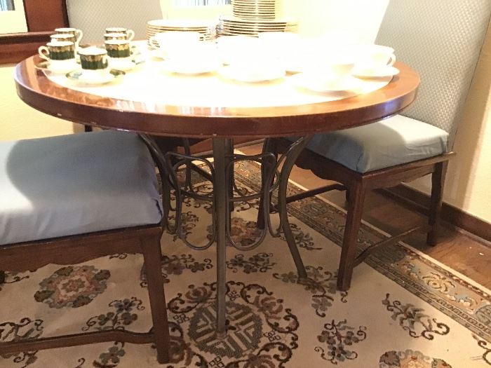 Pretty little cafe or breakfast table - metal base with marble & wood top. Set of 4 dining chairs.