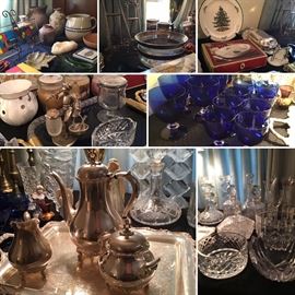 Nice collection of silverplate including tea set, trays& more. Numerous crystal decanters and bowls, cobalt blue stem collection , Spode Christmas tree & more. 