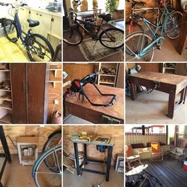 Bicycles, work benches, gas heater, patio furniture, bike rack, storage cabinet 