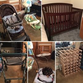 Baby crib, swing, walker, bouncy seat & random wine rack