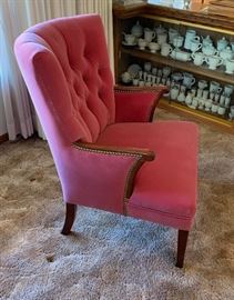 Antique Wood Frame Mauve Arm Chair #1	34x26x28in	HxWxD