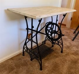 	White Cast Iron Treadle Sewing Machine Base Table Marble top	28x32x18in HxWxD
