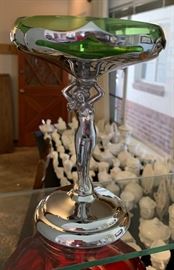 GREEN Farber Bros Cambridge Art Deco Nude Stem Compote  Statuesque