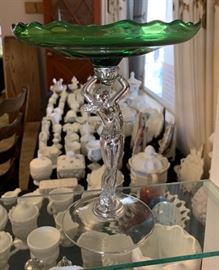 Green Cambridge Glass Nude Stem Compote Art Deco Statuesque	