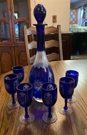 Bohemian Czech Blue Cut to Clear Decanter w/ 6 Glasses