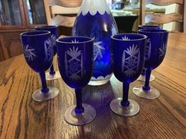 Bohemian Czech Blue Cut to Clear Decanter w/ 6 Glasses
