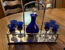 BLUE Farber Bros Cordial Decanter w/ 6 Glasses/Tray