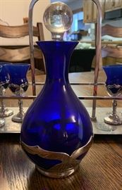BLUE Farber Bros Cordial Decanter w/ 6 Glasses/Tray