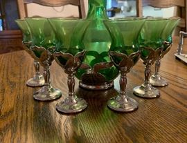GREEN Farber Bros Cordial Decanter w/ 6 Glasses	