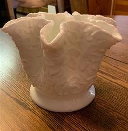 Milk Glass Ruffled vase leaf Pattern