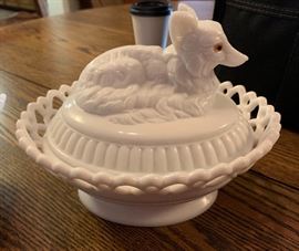 Westmoreland Milk Glass Fox Covered Dish Amber Eye