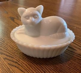 Milk Glass cat Covered Dish	