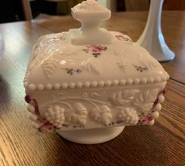 Westmoreland Milk Glass Grape Painted Rose Covered Dish	 