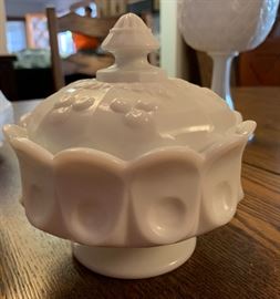 Westmoreland Milk Glass Cherry Thumbprint Lidded Pedestal Dish	 