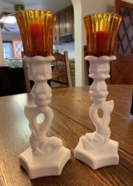 2 Westmoreland Milk Glass Koi Fish Dolphin Candle Stick Holders PAIR	