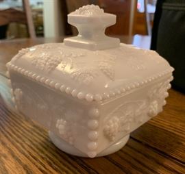 Westmoreland Milk Glass Grape Ivy Beaded Covered Pedestal Dish