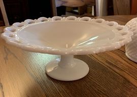 Milk Glass Pedestal Fruit Bowl 11in	