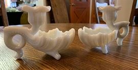 2 opalescent milk glass shell candle holder