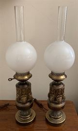 2 Brass Antique Style Hurricane Lamps PAIR