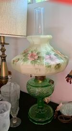 B&P Green Glass Oil/Kerosene Lamp Electrified