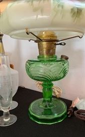 B&P Green Glass Oil/Kerosene Lamp Electrified