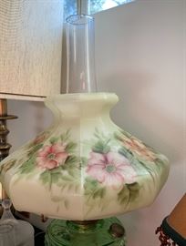 B&P Green Glass Oil/Kerosene Lamp Electrified