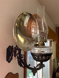 Antique Wall Mount Cast Iron Oil Lamp	 