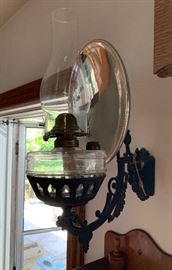 Antique Wall Mount Cast Iron Oil Lamp	 